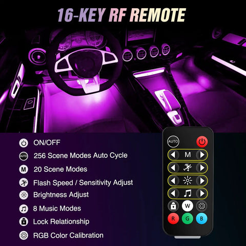 Lit Dream Color RGB-IC USB Interior LED Light Strips 12V DC Multicolor Footwell Under-Dash Kit with RF remote control in a car.