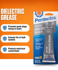 Permatex 22058 Dielectric Grease, 3 oz tube in packaging against an orange background.