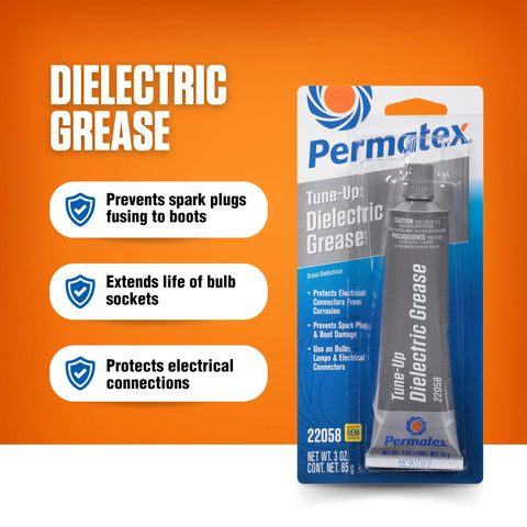 Permatex 22058 Dielectric Grease, 3 oz tube in packaging against an orange background.