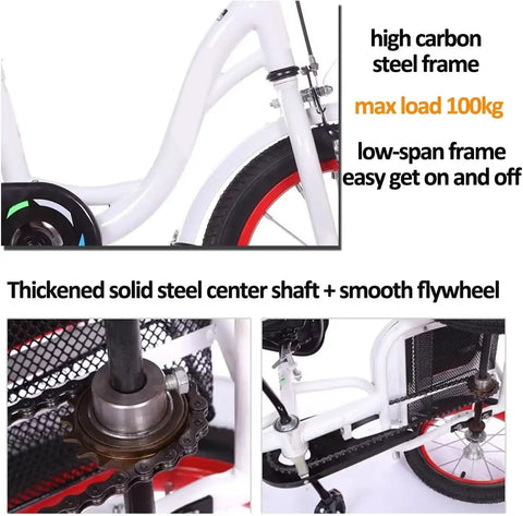 Close-up of Three Wheel Cruiser Tricycle high carbon steel frame, red spoked wheels, and thickened solid steel center shaft