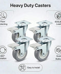 Top Shelf Heavy Duty 2 Inch Plate Casters Set Of 4 showcasing gray TPE wheels with steel plates, rotating 360 degrees, 400lbs capacity.