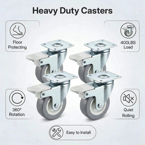 Top Shelf Heavy Duty 2 Inch Plate Casters Set Of 4 showcasing gray TPE wheels with steel plates, rotating 360 degrees, 400lbs capacity.