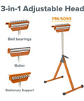 Tri Function Pedestal Roller Stand With Adjustable Height 27 to 43.75 Inches, showing 3-in-1 adjustable head with ball bearings.