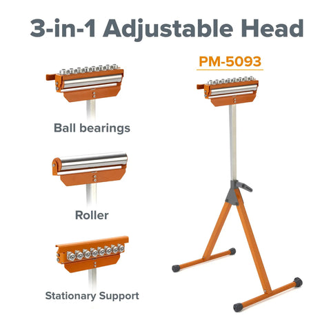 Tri Function Pedestal Roller Stand With Adjustable Height 27 to 43.75 Inches, showing 3-in-1 adjustable head with ball bearings.