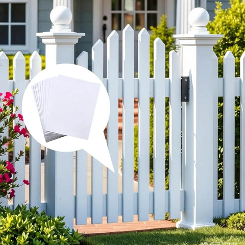 DIY Ready Vinyl Siding Repair Kit With Self Adhesive PVC Patches, shown on a white picket fence, for exterior repairs.