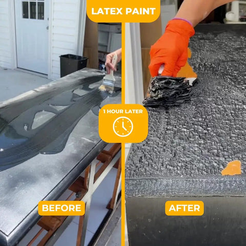 Before and after of Heavy Duty Paint Varnish Remover Gel Strips Epoxy and Wood Stains from furniture and decks fast.