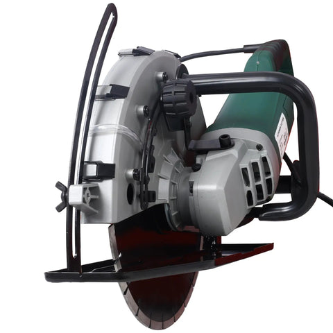 Tough As Nails 14 Inch Wet Or Dry Corded Concrete Saw With 2600 Watt Motor and steel frame showing cutting blade and guide roller.