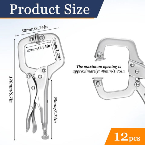 12 Piece Heavy Duty C Clamp Locking Pliers Set 6 Inch Vise Grip With Swivel Pads Adjustable Welding Pliers Size Measurements