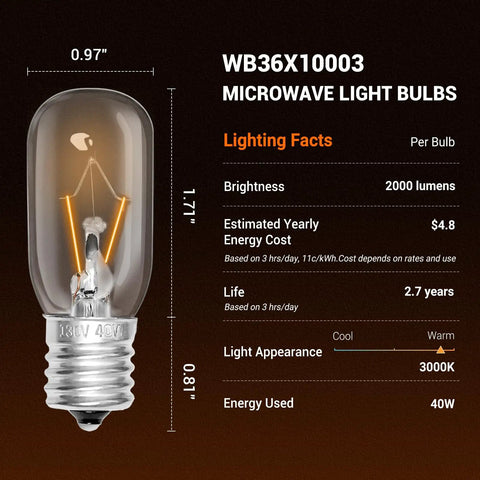 Image of Two Pack 40W Microwave Light Bulbs WB36X10003 130V E17 Base Warm White replacement focus with dimensions and specs.