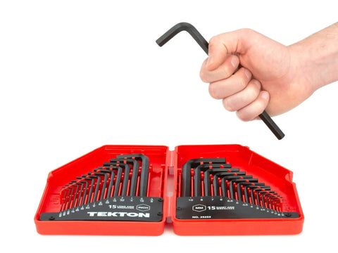 Hex Key Wrench Set 30-Piece Long And Short Pattern Kit with case and hand holding hex key