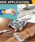 16 Piece Stainless Steel Watch Spring Bar Replacement Kit With Removal Tool shown in use on watch bands and tools.