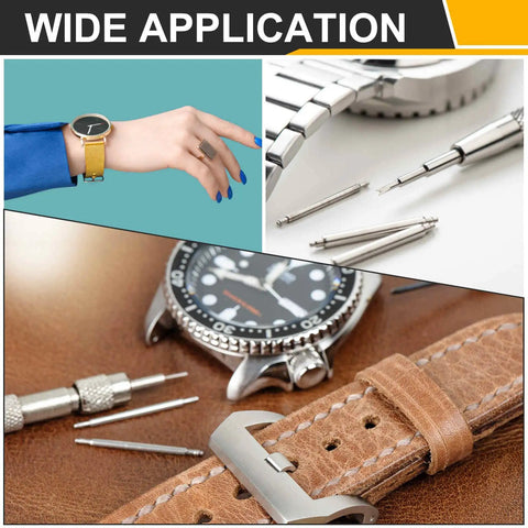 16 Piece Stainless Steel Watch Spring Bar Replacement Kit With Removal Tool shown in use on watch bands and tools.