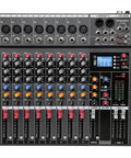 Front view of Eight Channel Professional Audio Mixer with 48V Phantom Power and USB Audio Interface for Live Shows and Recording