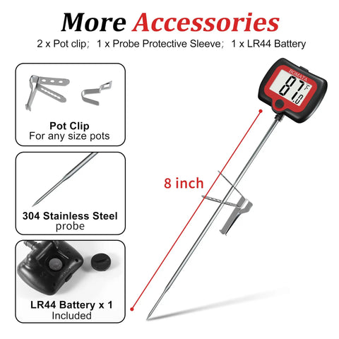 Digital Candy Thermometer With Pot Clip And Rotatable Display Long Probe For Candy Making And Deep Frying Cooking And Liquids Like Sugar Water Oils Candies And More Black showing accessories with pot clips, protective sleeve, and battery.