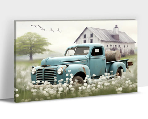 Rustic Farmhouse Truck Wall Art Canvas Print 24x36 Inches Teal Pickup Truck And White Barn Scene For Kitchen Bath Decor