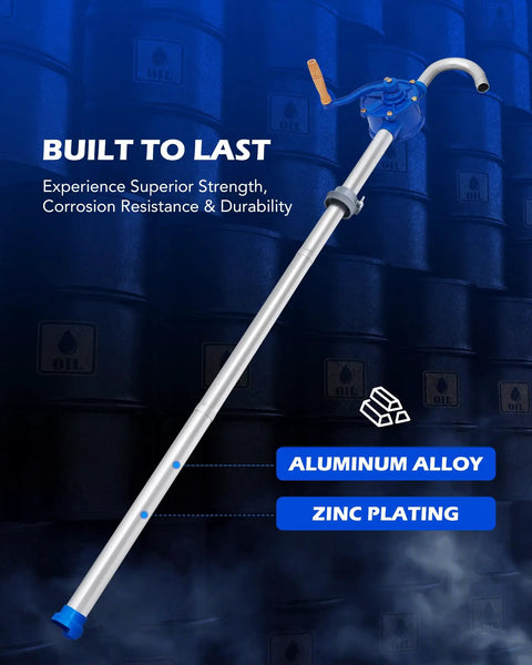 Heavy Duty Hand Crank Drum Pump Uses Adjustable Telescoping Suction Tube To Handle Five To Fifty Five Gallon Drums For Fast Oil And Fuel Swaps Zero Drama Guaranteed with aluminum alloy and zinc plating.