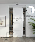 48 Inch Aluminum Bypass Sliding Door Hardware Kit Includes Two 8 Inch Barn Door Handles Commercial Grade Box Track Smooth Rolling Convex Rails Front Cover Concealment Premium 304 Stainless Steel Handles With Powder Coat installed in closet opening, showing measurements.