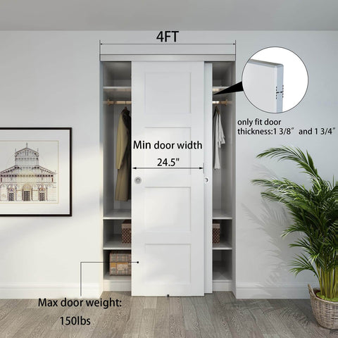 48 Inch Aluminum Bypass Sliding Door Hardware Kit Includes Two 8 Inch Barn Door Handles Commercial Grade Box Track Smooth Rolling Convex Rails Front Cover Concealment Premium 304 Stainless Steel Handles With Powder Coat installed in closet opening, showing measurements.