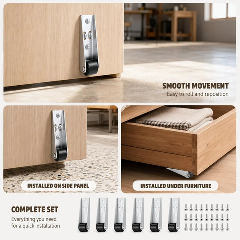 No Sweat Six Pack Mini Rigid Caster Wheels Low Profile Silver Smooth Rollers Fixed Non Swivel Furniture Gliders installed on furniture.
