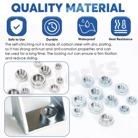 Kickass 220 Piece M3 M4 M5 Self Clinching Nuts Kit Crafted From 304 Stainless Steel round head nuts arranged on a surface.