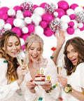 Hot Pink And Silver Balloon Garland Arch Kit With Confetti Balloons For Weddings, Anniversary, Bachelorette Party, Birthday And Christmas Decor featuring women celebrating with cake and champagne.