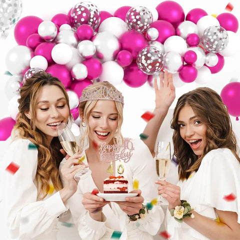 Hot Pink And Silver Balloon Garland Arch Kit With Confetti Balloons For Weddings, Anniversary, Bachelorette Party, Birthday And Christmas Decor featuring women celebrating with cake and champagne.