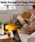 Woman reading near Ceramic Personal Space Heater For Office Desk And RV, Fast 3 Second Ceramic Instant Heat, 1000W And 700W Low Wattage