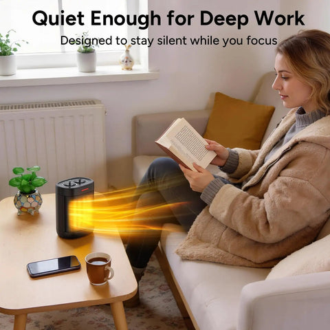 Woman reading near Ceramic Personal Space Heater For Office Desk And RV, Fast 3 Second Ceramic Instant Heat, 1000W And 700W Low Wattage