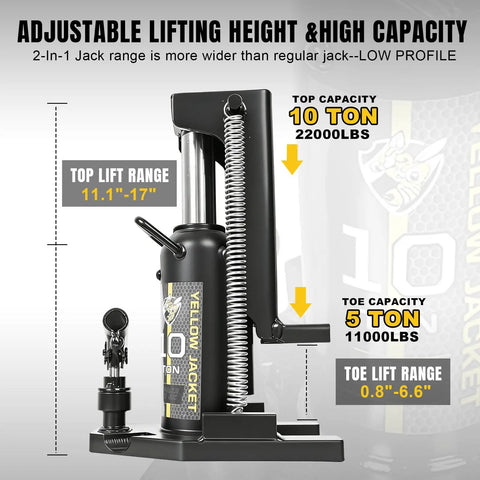10 Ton Hydraulic Toe Jack With 5 Ton Claw Low Profile Lift Rig showing adjustable height and lift capacity for auto repair and farm garage jobs.