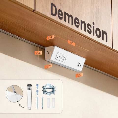 9 Inch Under Cabinet Power Strip With GFCI Outlet USB A USB C Angled Trapezoid Aluminum Housing 20 Amp ETL Listed Modular Extension System No Cutting Plug In Ready, shown with dimensions and mounting hardware.