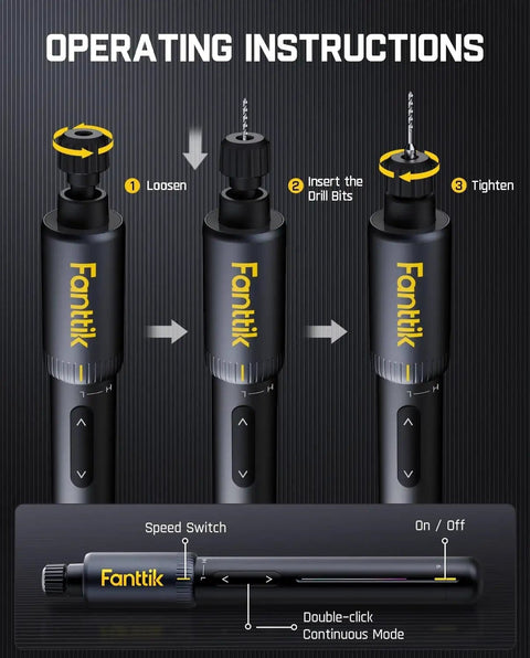K2 Nano Power Drill Kit for DIY Projects With 20 Bits and 800mAh Rechargeable Battery operating instructions diagram.