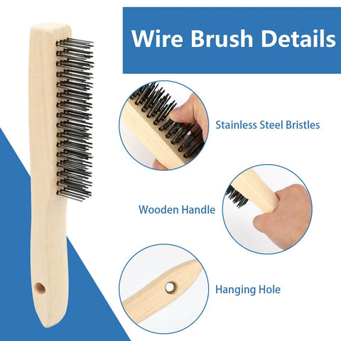 Wooden handle wire brush with stainless steel bristles and hanging hole, details of Two Pack Welding Chipping Hammer And Wire Brush Set.