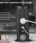 Auto Rises Pop Up Outlet Slick Aluminum Desk Power Strip With Swappable Modules Quick Charge Ports And Optional Speaker, black design with various ports.