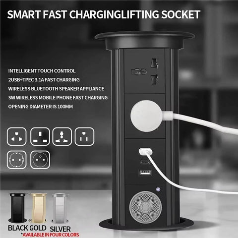Auto Rises Pop Up Outlet Slick Aluminum Desk Power Strip With Swappable Modules Quick Charge Ports And Optional Speaker, black design with various ports.