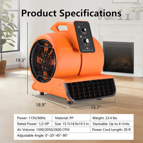 Heavy Duty 1/2 HP Air Mover Delivers 2600 CFM, Portable Blower For Carpets, Floors And More, 3 Speed Settings displayed indoors