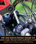 Foldable Hex Key Set With Metric And SAE Allen Wrenches in use on bicycle disc brake, chrome vanadium steel, tight space angle view