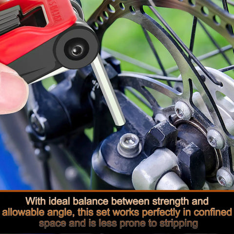 Foldable Hex Key Set With Metric And SAE Allen Wrenches in use on bicycle disc brake, chrome vanadium steel, tight space angle view
