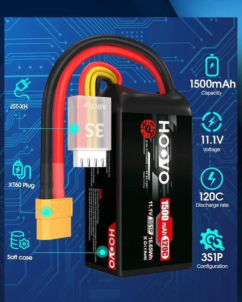 3S 120C 11.1V LiPo Battery With XT60 Plug For FPV Racing RC Quadcopter And Multirotor Hobby two pack, specs on display
