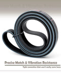 Ultimate 7PK2118 Serpentine Drive Belt For Toyota Tacoma Tundra V6 And Range Rover W12 Engine Replacement K070834 curled with blue stitching.