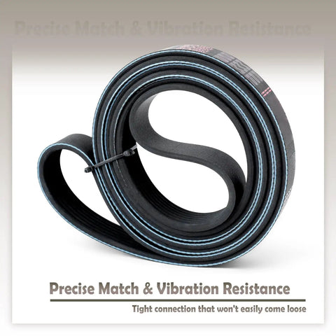 Ultimate 7PK2118 Serpentine Drive Belt For Toyota Tacoma Tundra V6 And Range Rover W12 Engine Replacement K070834 curled with blue stitching.