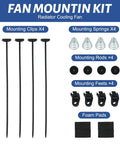 Knockout 10 Inch 12 Volt Universal Slim Pull Push Electric Radiator Cooling Fan With Mounting Kit parts including clips, springs, rods, and feet.