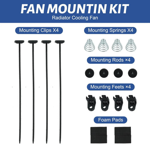 Knockout 10 Inch 12 Volt Universal Slim Pull Push Electric Radiator Cooling Fan With Mounting Kit parts including clips, springs, rods, and feet.