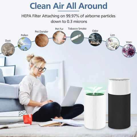 Replacement Particle And Activated Carbon Filters For Blue Pure 411 411 Plus 411 Auto And Mini Air Purifier shown in living room