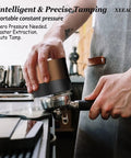 Professional 58mm Coffee Tamper And Espresso Grounds Distributor Leveler Kit For Home Baristas in use, ensuring precise coffee tamping.