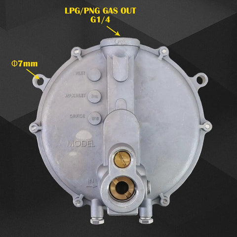 Low Pressure Gas Regulator KN 039-122 Garretson Style Converter front view showing inlet and gas out labels for small engines.