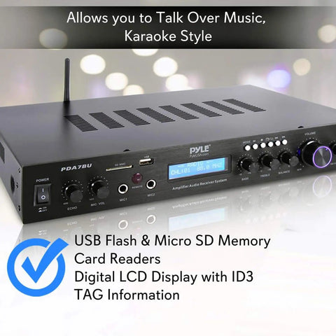 Bluetooth Home Theater Receiver With 200W 5 Channels Sub Out Karaoke Ready Dual Mic Wireless Streaming USB SD MP3 Player RCA Input FM Radio LCD Display PDA7BU