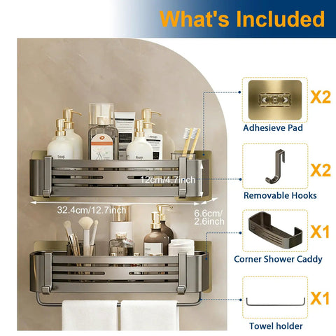 No Drill Shower Caddy With Shelves And Hooks, Waterproof Rustproof Removable Shower Organizer For Bathroom And Kitchen