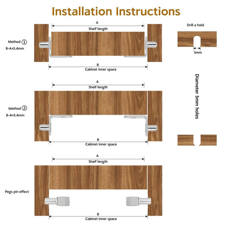 Installation instructions for 60 Piece Nickel Plated Zinc Shelf Pegs And Cabinet Support Pins with dimensions for cabinet use.