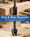 8 Piece Wood Plug Cutter Set Black Oxide Carbon Steel with hex shaft, showing plug cutter details for furniture and cabinetry use.