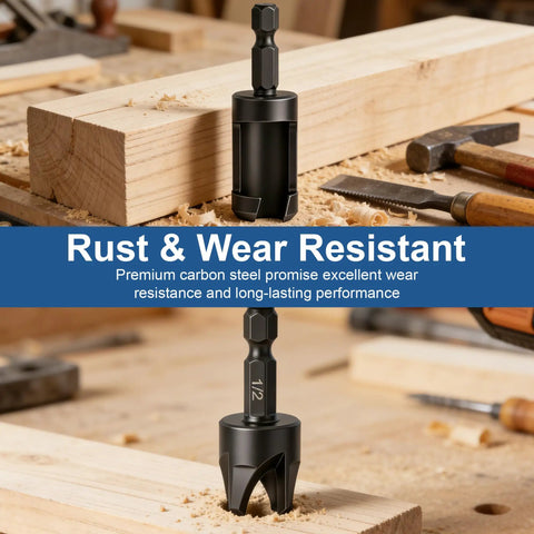 8 Piece Wood Plug Cutter Set Black Oxide Carbon Steel with hex shaft, showing plug cutter details for furniture and cabinetry use.